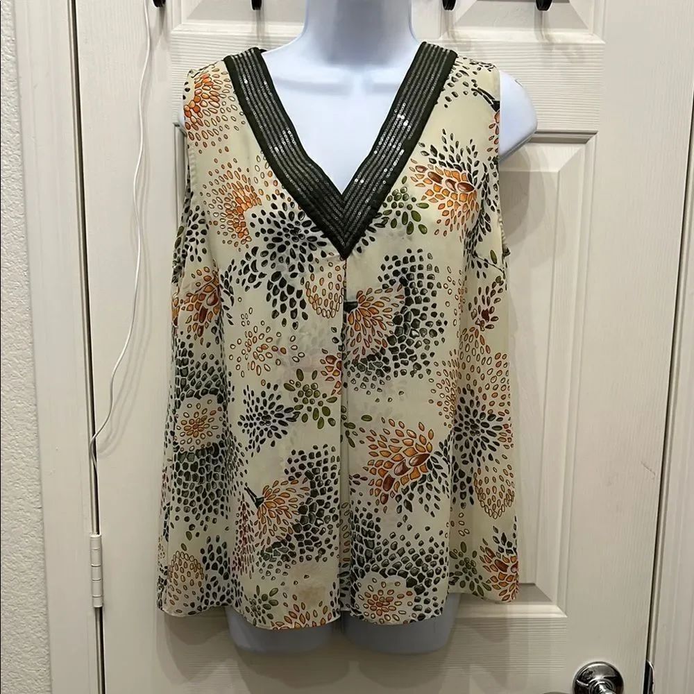 Luckylu Cream Orange Green Embellished Blouse Silky Sequined VNeck Sleeveless XL